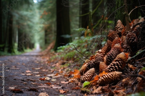 cedar cones strewn on a forest walkway