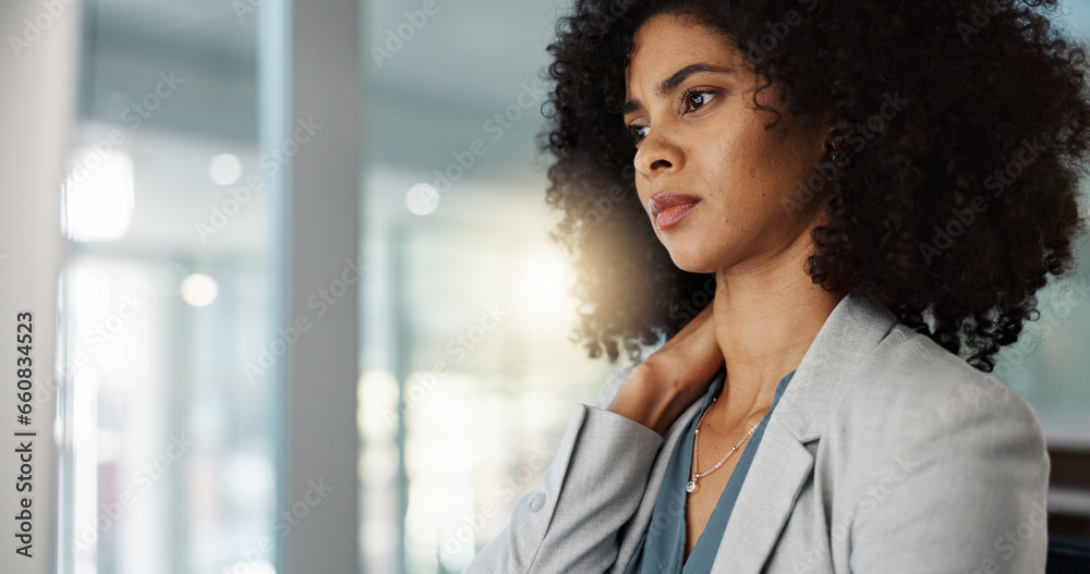Neck pain, business and black woman with stress and burnout in office and massage muscle or joint at desk. African employee, person and administrator overworked, tired and anxiety with work injury - obrazy, fototapety, plakaty 