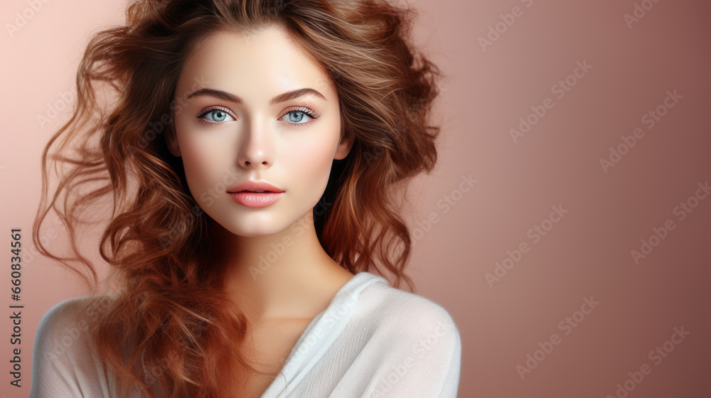 Naklejka premium Portrait beautiful perfect woman with beautiful. and perfect skin, cosmetics, skincare, makeup, wellness concept with empty copy space for text background color studio