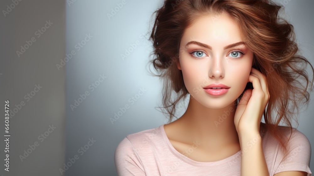 Portrait beautiful perfect woman with beautiful. and perfect skin, cosmetics, skincare, makeup, wellness concept with empty copy space for text background color studio Portrait beautiful perfect woman with beautiful. and perfect skin, cosmetics, skincare, makeup, wellness concept with empty copy space for text background color studio