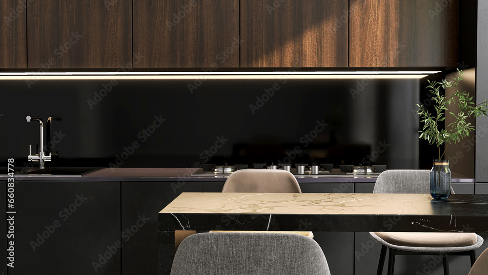 Elegant kitchen with marble top dining table, chair, black cabinet ...