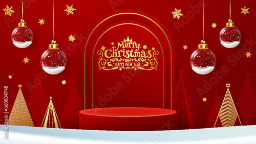 Christmas background with cylindrical podium for promotion. Round stage for presentation of products for sale. Podium or stage platform among Christmas trees, with hanging glass balls.