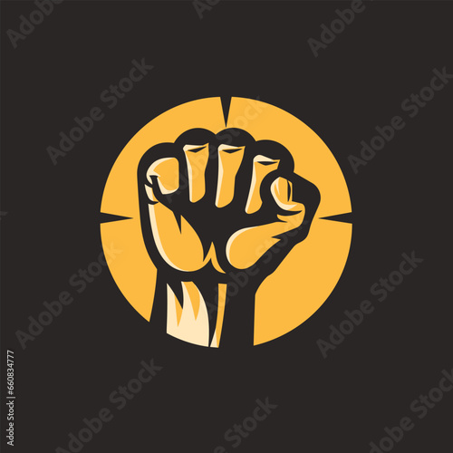 Fight club filled orange logo. Weight training. Clenched fist. Strong hand. Design element. Created with artificial intelligence. Powerful ai art for corporate branding, fitness gym, workout class