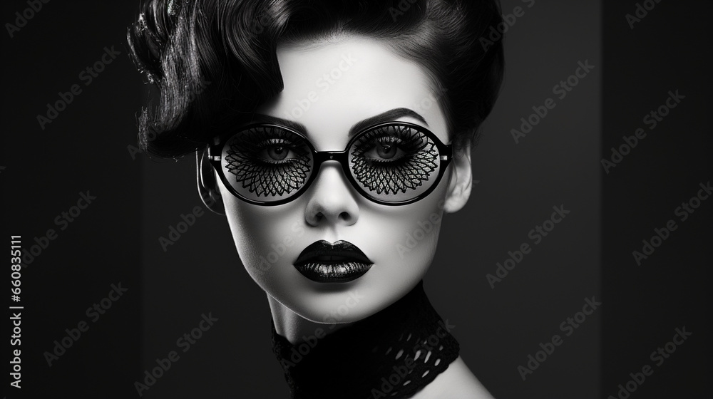 Beauty Fashion model girl black and white portrait, sunglasses, retro style, copy space - Generative AI