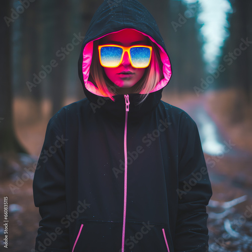 Frau mit neon pink leuchtender Brille und Hoodie