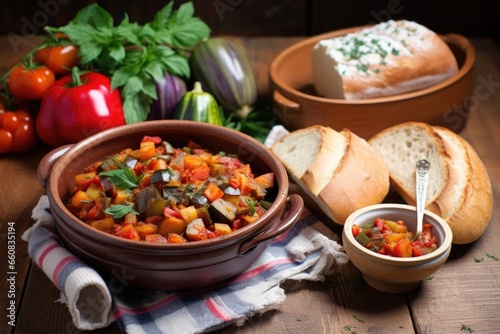 ratatouille with a bread roll on a rustic table