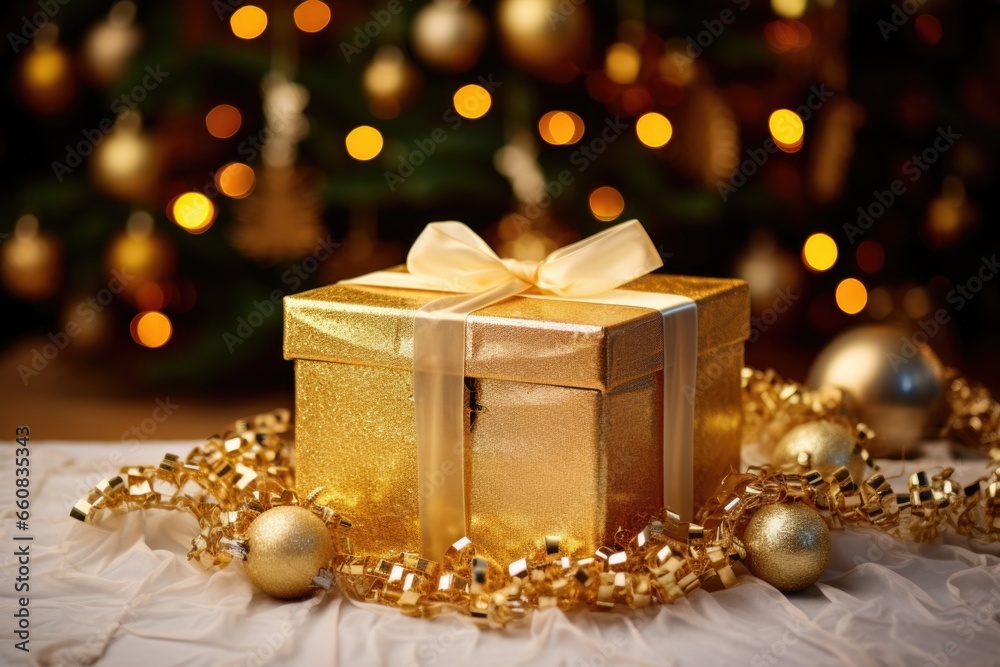 elegant golden box overflowing with tinsel