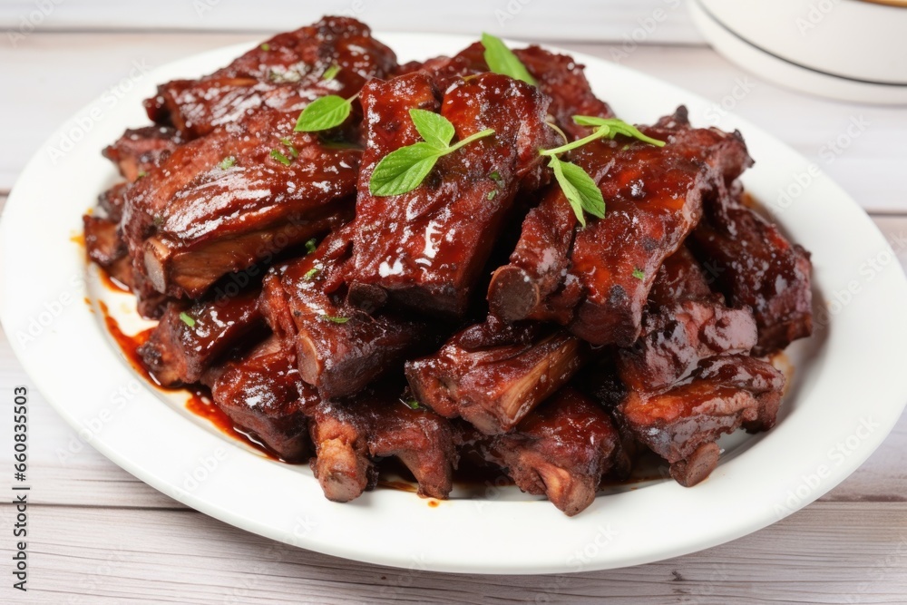overhead shot of bbq ribs on a white plate
