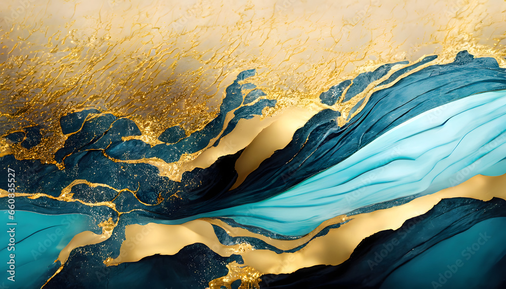Abstract art wave curve flowing teal blue and gold in concept luxury, ocean wave, sea for background, banner. Abstract art wave curve flowing teal blue and gold in concept luxury, ocean wave, sea for background, banner.