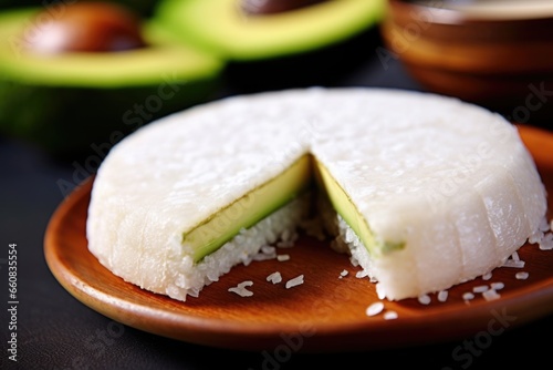 close view of bitten rice cake with avocado and a pinch of salt