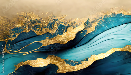Abstract art wave curve flowing teal blue and gold in concept luxury  ocean wave  sea for background  banner.