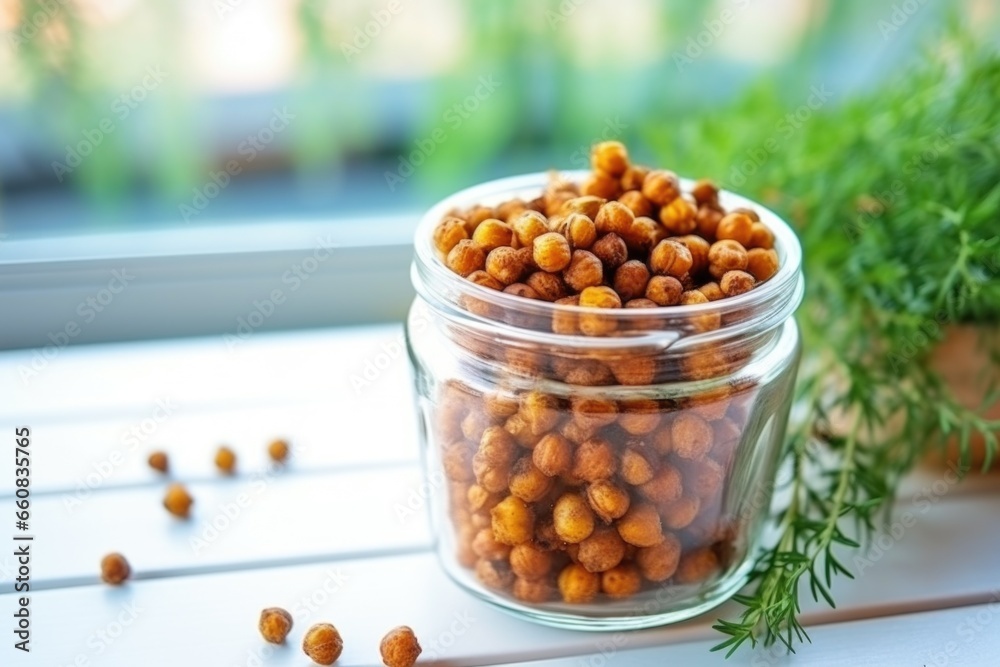 roasted chickpeas in a glass jar on a bright windowsill