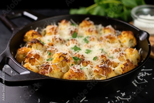 crispy, golden-brown, parmesan-roasted cauliflower in a skillet