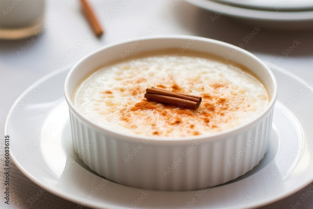 a half-eaten rice pudding in a white dish a half-eaten rice pudding in a white dish