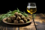herb-infused meatballs served with a tall glass of saison