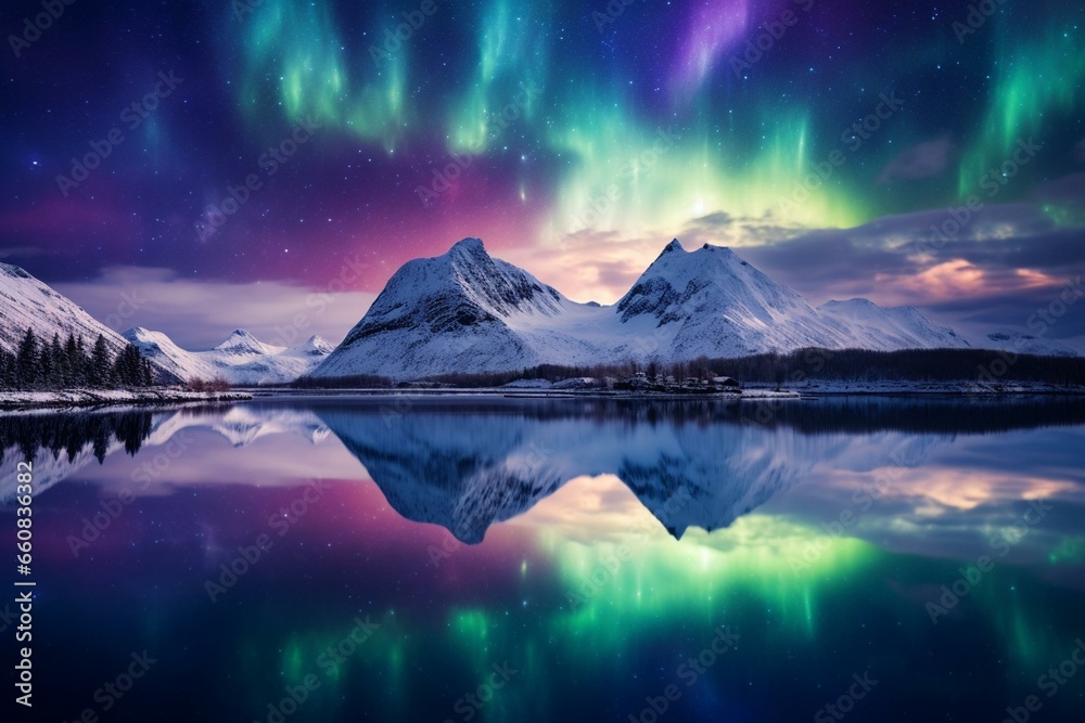 Nighttime winter scene with vivid northern lights illuminating snow-capped mountains and their reflection in a lake. Generative AI