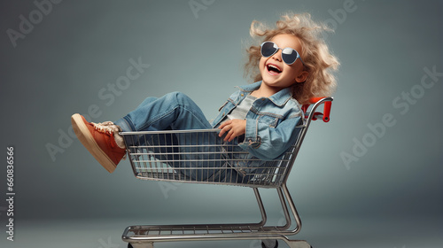 This is a child sitting in a shopping cart. sunglasses, jean jacket, jeans - Generative AI