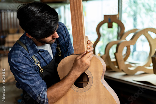 Guitar Luthier Aligns Guitar Neck on Body with Precision Ruler