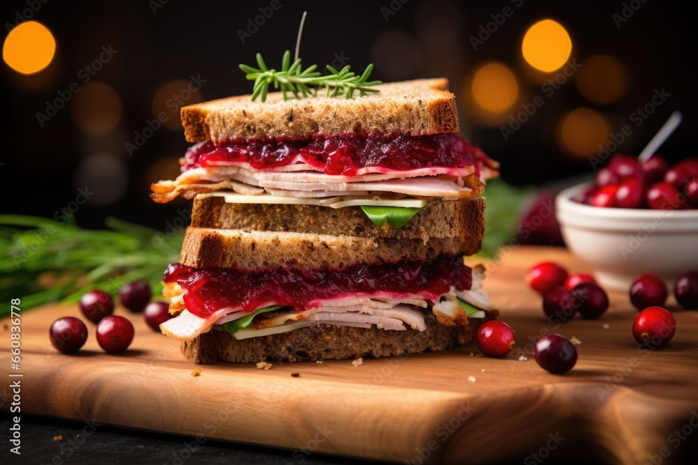 rye bread sandwich with turkey and cranberry sauce, holiday theme
