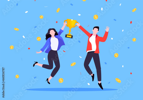 Employee recognition or proud workers of the month business concept flat style design vector illustration. Young adult people jump in the air with trophy cup.