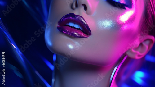 High Fashion model metallic silver lips and face woman in colorful bright neon uv blue and purple lights  posing in studio  beautiful girl  glowing make-up  colorful make up - Generative AI