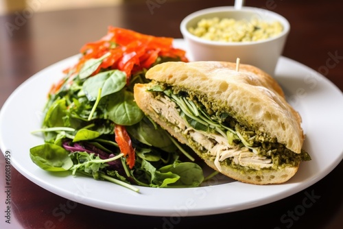 colorful photo: chicken pesto sandwich and spinach salad with feta cheese