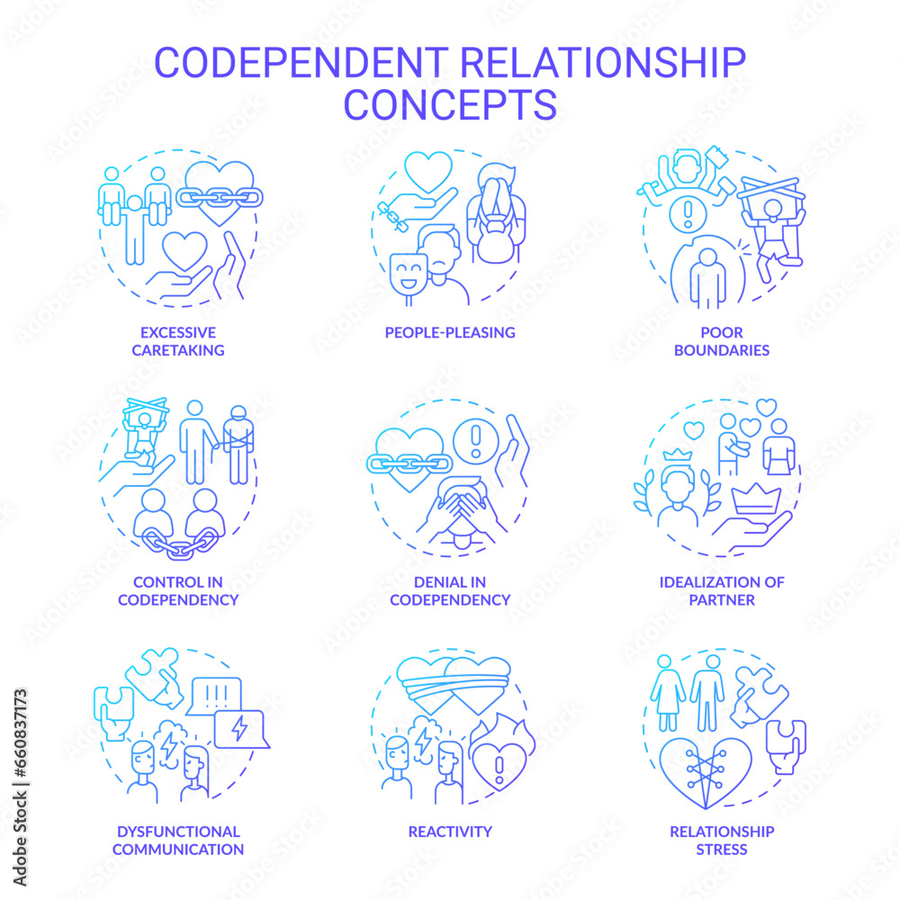 2D gradient icons collection representing codependent relationship concept, isolated vector, thin line blue illustration.