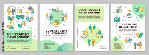 Green codependent relationship brochure template, leaflet design with thin linear icons, 4 vector layouts.