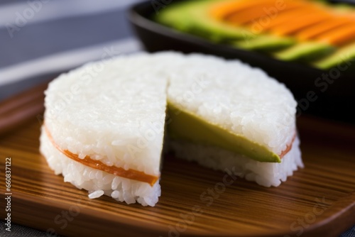 close view of bitten rice cake with avocado and a pinch of salt