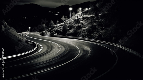 Night racing on the mountain roads of taken with film camera, Black and white - Generative AI