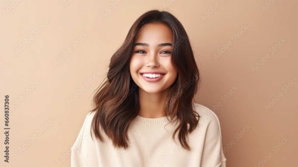 A teenage girl exudes positivity as she strikes a pose against a gentle, well-lit backdrop. A teenage girl exudes positivity as she strikes a pose against a gentle, well-lit backdrop.