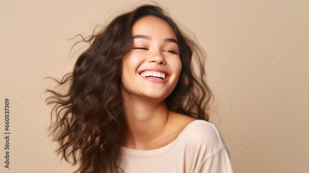 A cheerful teenage girl beams with happiness, her radiant smile lighting up the studio backdrop.