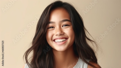 A cheerful teenage girl with a radiant smile against a soft, neutral studio backdrop.