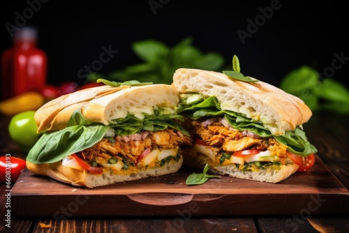 exotic sandwich with curry chicken and fresh green basil