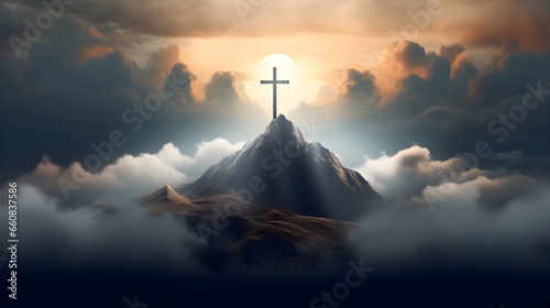 Sacred Holy Cross: Symbol of Jesus Christ's Resurrection at Golgotha Hill Under Radiant Skies. generative ai