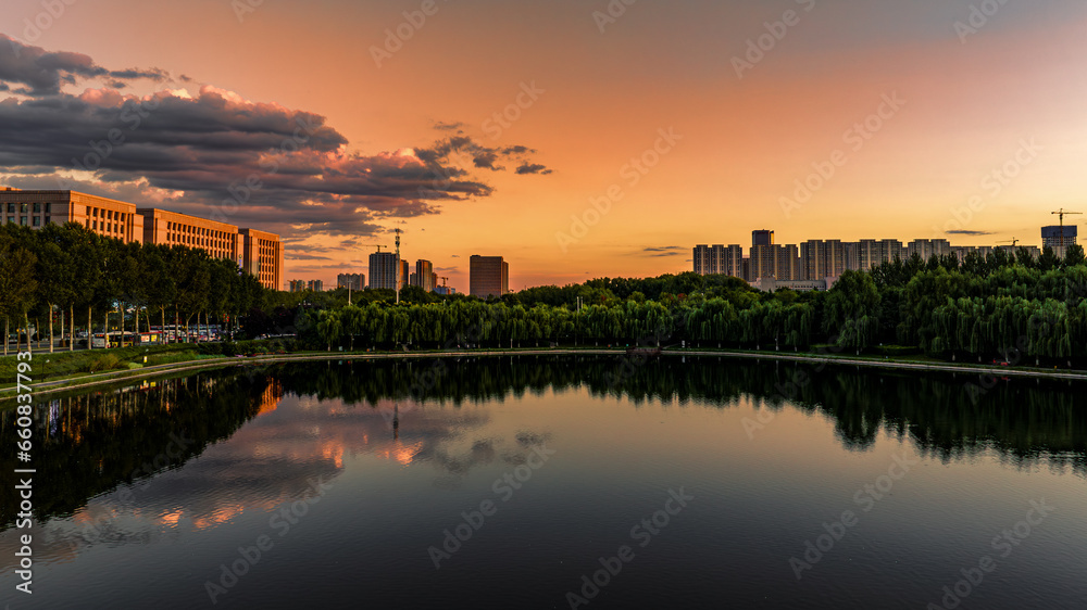 Sunset landscape of southern new town in Changchun, China

