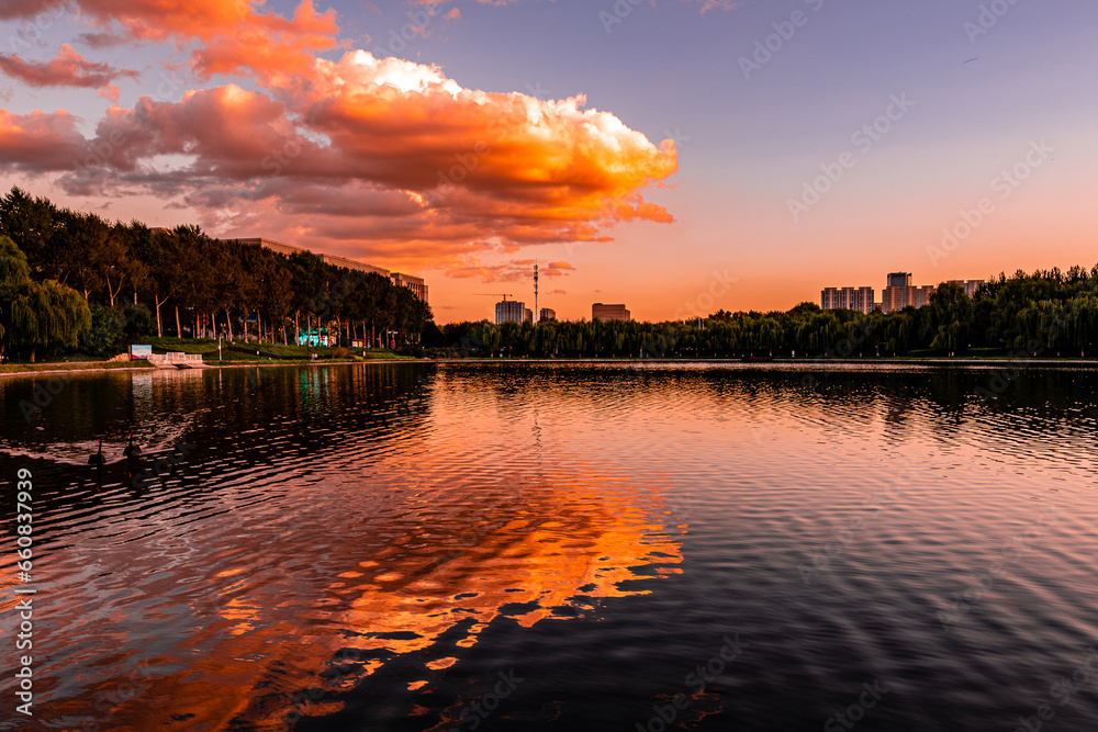 Sunset landscape of southern new town in Changchun, China
