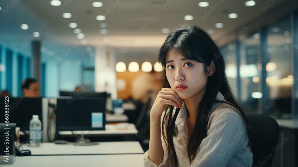 no special light, nervous pose, facial trouble, nomal asian girl in office, working for advertising company, watching left side - Generative AI