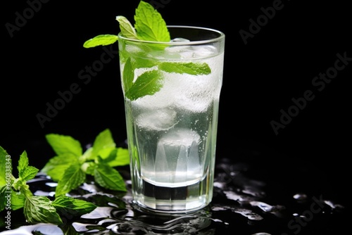 glass of iced water with floating mint leaves