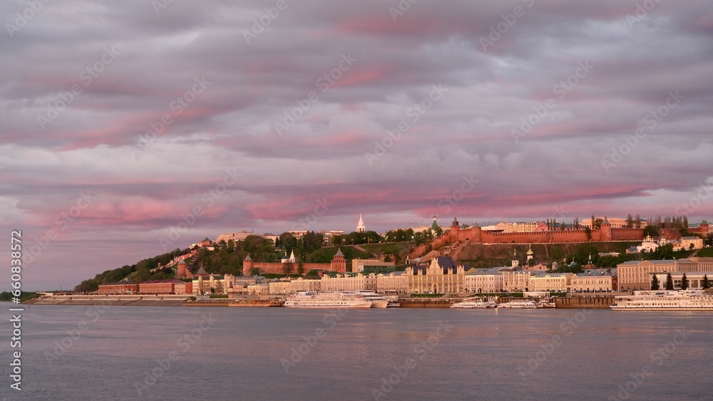Picturesque view of Nizhny Novgorod with the Kremlin at sunset in spring