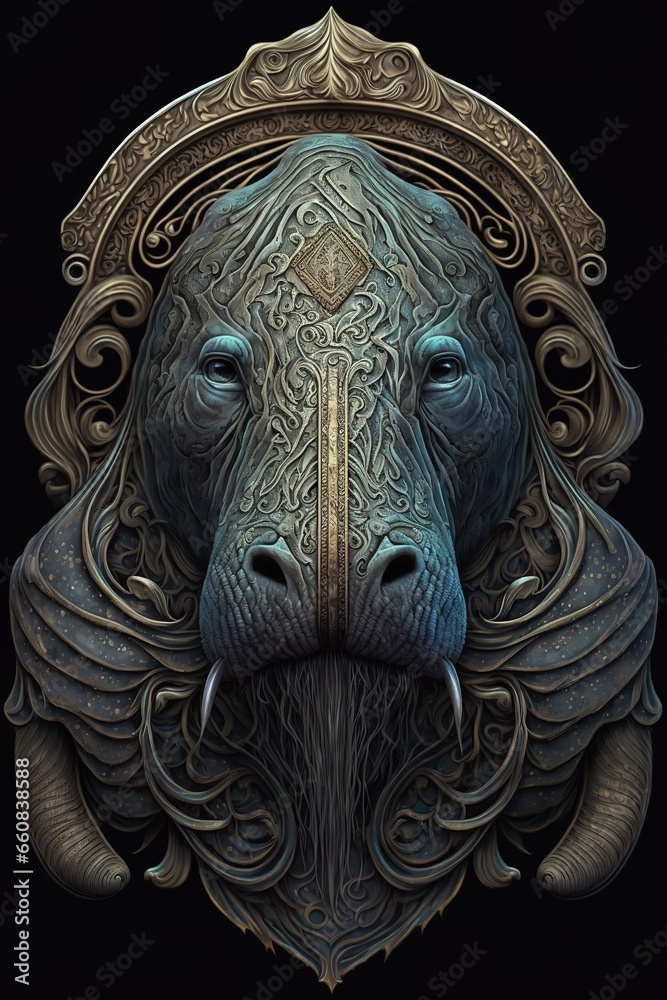 a walrus head with a crown and a door knocker in its mouth, a highly detailed a walrus head with a golden crown and a brass door knocker in its mouth.