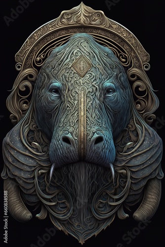 a walrus head with a crown and a door knocker in its mouth, a highly detailed a walrus head with a golden crown and a brass door knocker in its mouth.