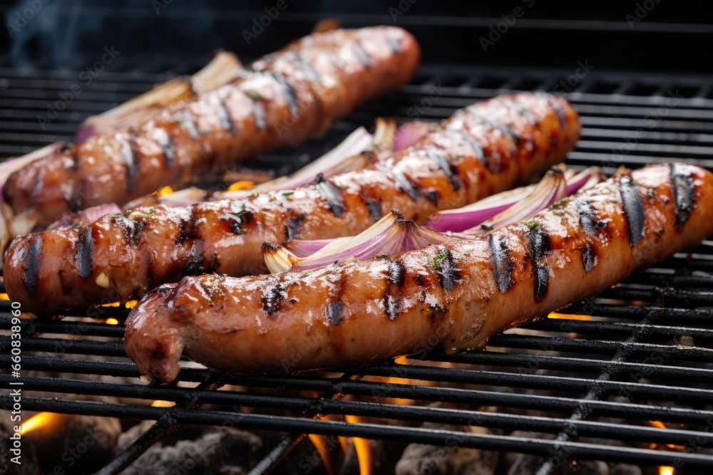 large bratwursts on a grill with beer and onion mix applied large bratwursts on a grill with beer and onion mix applied