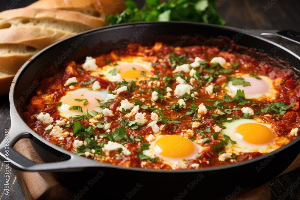 shakshuka topped with feta cheese in a stainless-steel pan shakshuka topped with feta cheese in a stainless-steel pan
