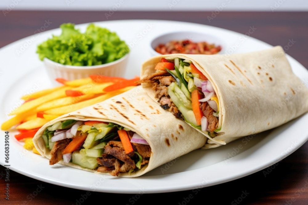 shawarma wrap with vegetables on a white plate shawarma wrap with vegetables on a white plate