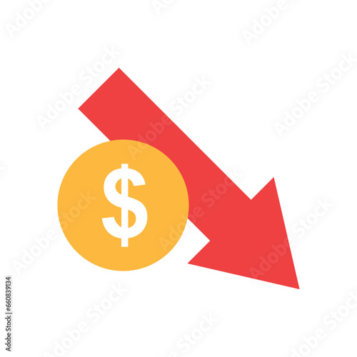 coin money dollar cash value down with red arrow pointing down represent financial loss economic down recession