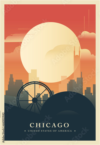 USA Chicago city brutalism poster with abstract skyline, cityscape Illinois retro vector illustration. US state travel guide cover, brochure, flyer, leaflet, business presentation template image