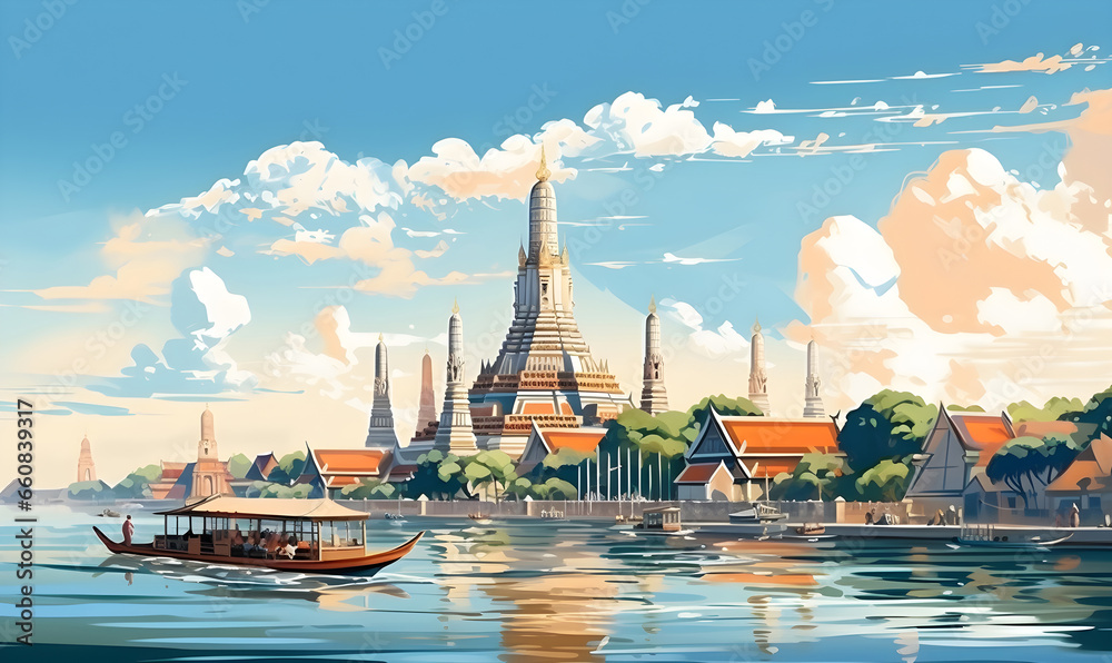 Scenery of Wat Arun, Bangkok, Thailand in illustrations, presentation images, travel image ideas, tourism promotion, postcards, generative AI - obrazy, fototapety, plakaty 