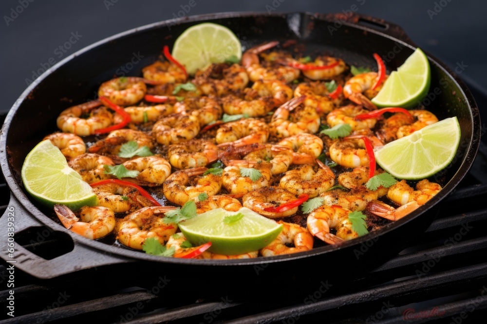 shrimps with chili lime mix on metal grilling pan