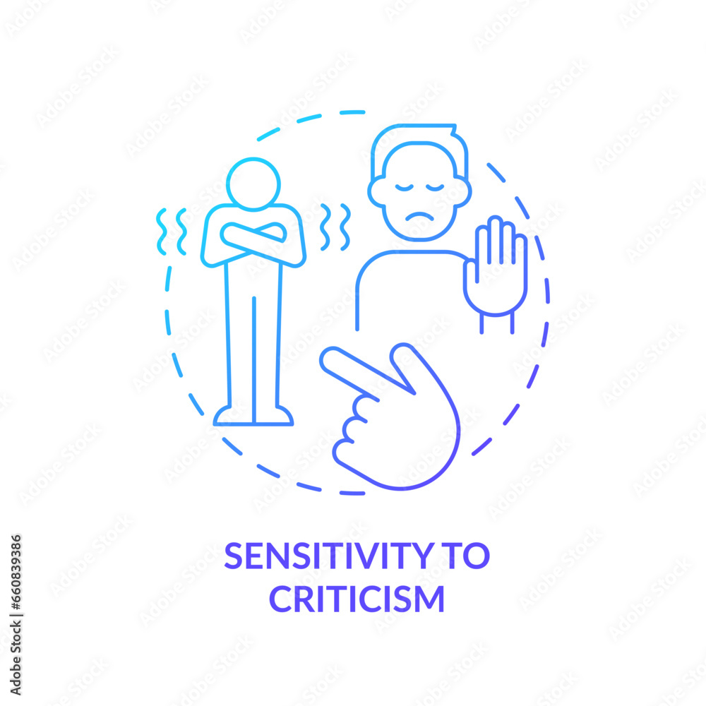 2D thin line gradient icon sensitivity to criticism concept, isolated vector, blue illustration representing codependent relationship.